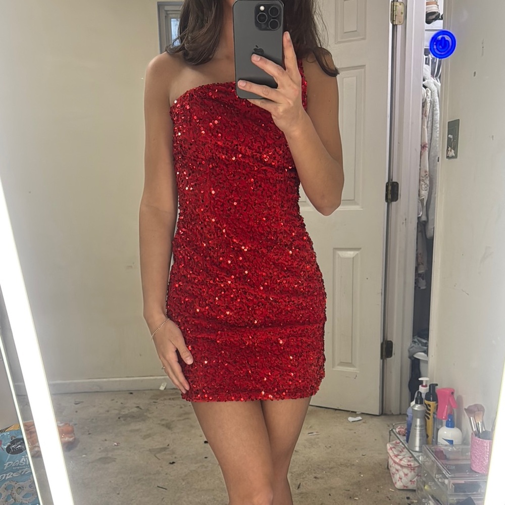 Red Sequin One Shoulder Bodycon Dress